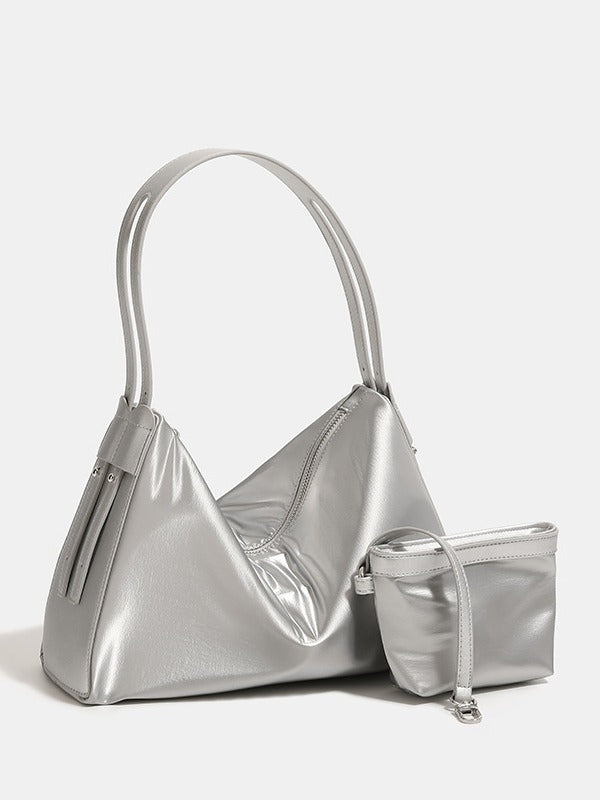 Metallic Look Nylon Underarm Crossbody Shoulder Bag Handbag Pouch Silver