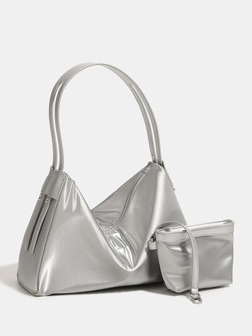 Metallic Look Nylon Underarm Crossbody Shoulder Bag Handbag Pouch Silver