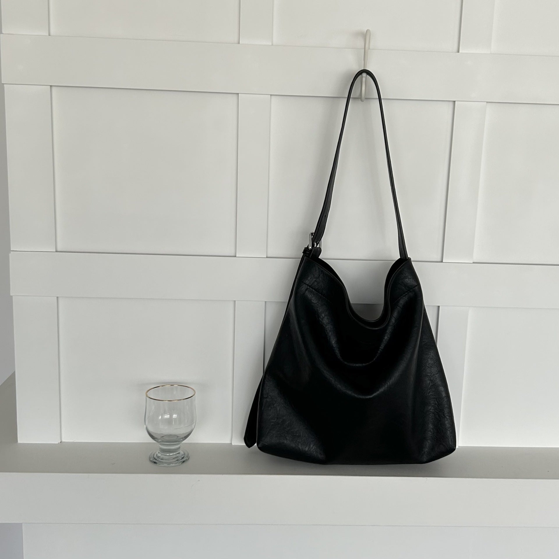 Fashionable Minimalist Faux PU Leather Bucket Tote Shoulder Bag Handbag Black