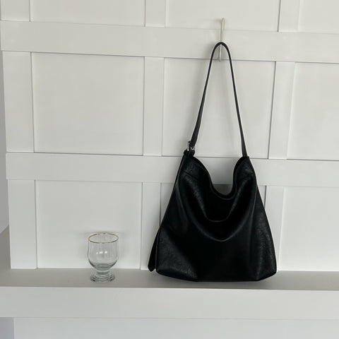 Fashionable Minimalist Faux PU Leather Bucket Tote Shoulder Bag Handbag Black