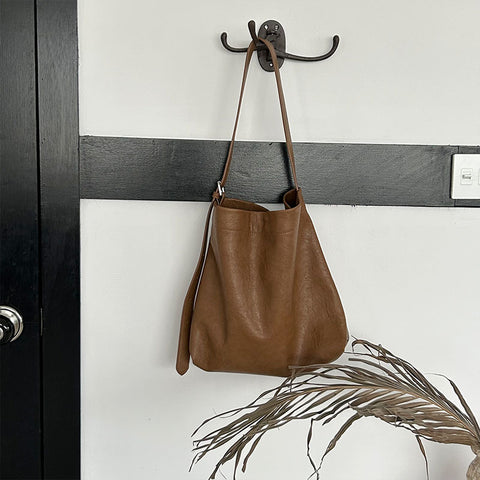 Fashionable Minimalist Faux PU Leather Bucket Tote Shoulder Bag Handbag Brown