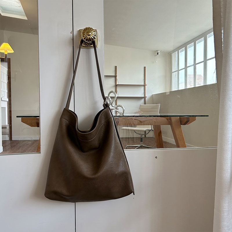 Fashionable Minimalist Faux PU Leather Bucket Tote Shoulder Bag Handbag Dark Brown