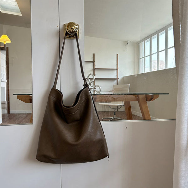 Fashionable Minimalist Faux PU Leather Bucket Tote Shoulder Bag Handbag Dark Brown