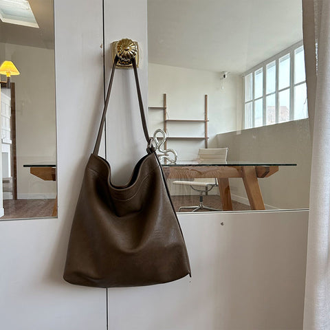 Fashionable Minimalist Faux PU Leather Bucket Tote Shoulder Bag Handbag Dark Brown