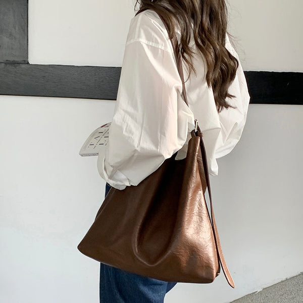 Fashionable Minimalist Faux PU Leather Bucket Tote Shoulder Bag Handbag Dark Brown
