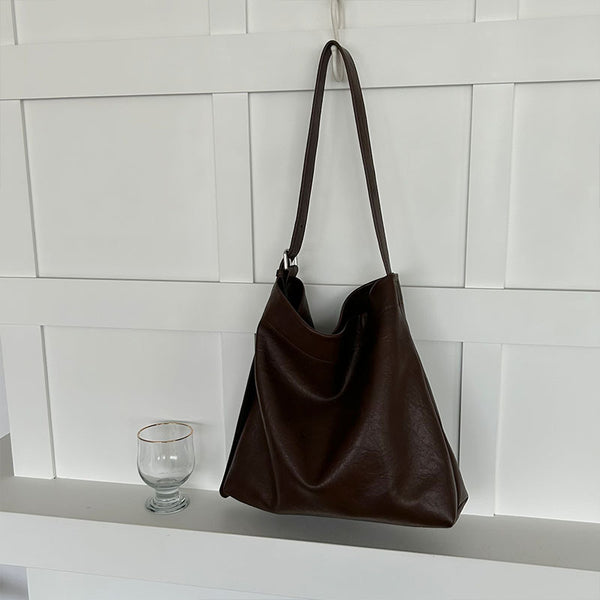 Fashionable Minimalist Faux PU Leather Bucket Tote Shoulder Bag Handbag Coffee
