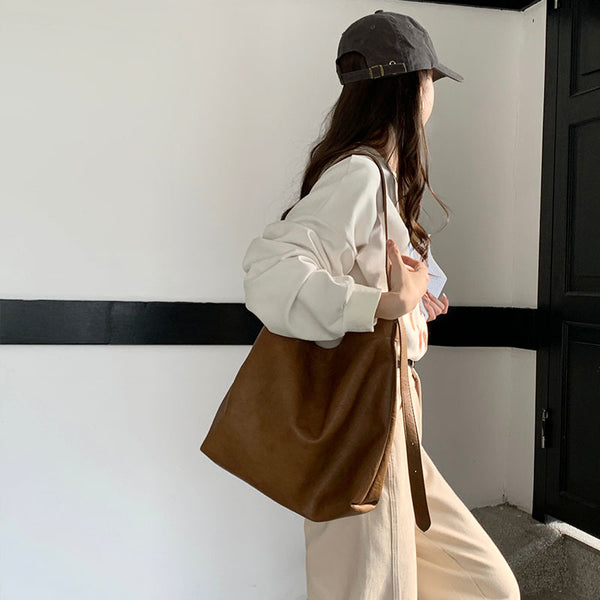 Fashionable Minimalist Faux PU Leather Bucket Tote Shoulder Bag Handbag Coffee