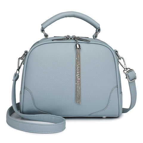 Faux PU Leather Crossbody Shoulder Bag Handbag Tassel Accent Top Handle Blue