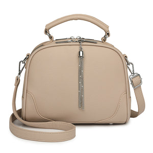 Faux PU Leather Crossbody Shoulder Bag Handbag Tassel Accent Top Handle Khaki