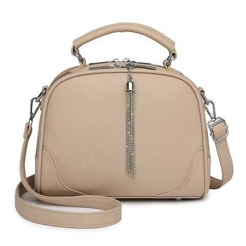 Faux PU Leather Crossbody Shoulder Bag Handbag Tassel Accent Top Handle Khaki