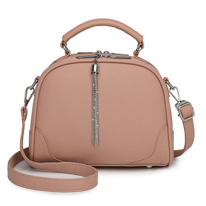 Faux PU Leather Crossbody Shoulder Bag Handbag Tassel Accent Top Handle Pink