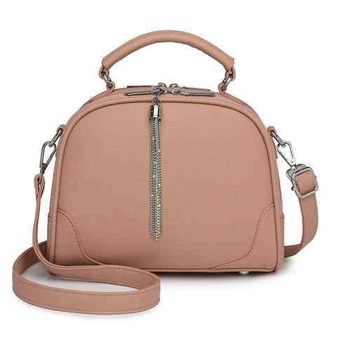 Faux PU Leather Crossbody Shoulder Bag Handbag Tassel Accent Top Handle Pink