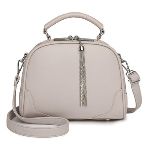 Faux PU Leather Crossbody Shoulder Bag Handbag Tassel Accent Top Handle Beige