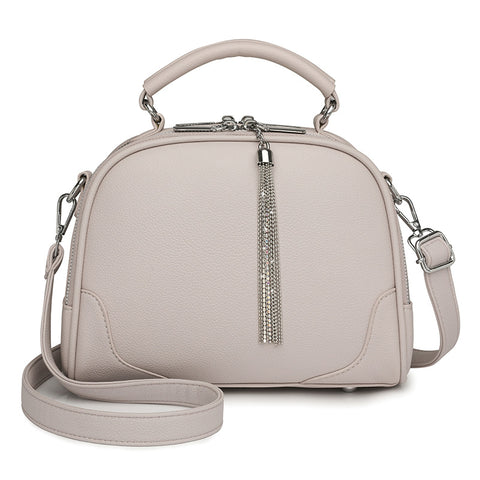 Faux PU Leather Crossbody Shoulder Bag Handbag Tassel Accent Top Handle Beige