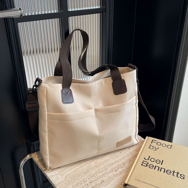 Canvas Tote Shoulder Bag Detachable Strap Multi Pocket White