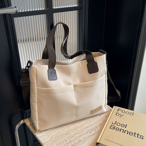 Canvas Tote Shoulder Bag Detachable Strap Multi Pocket White