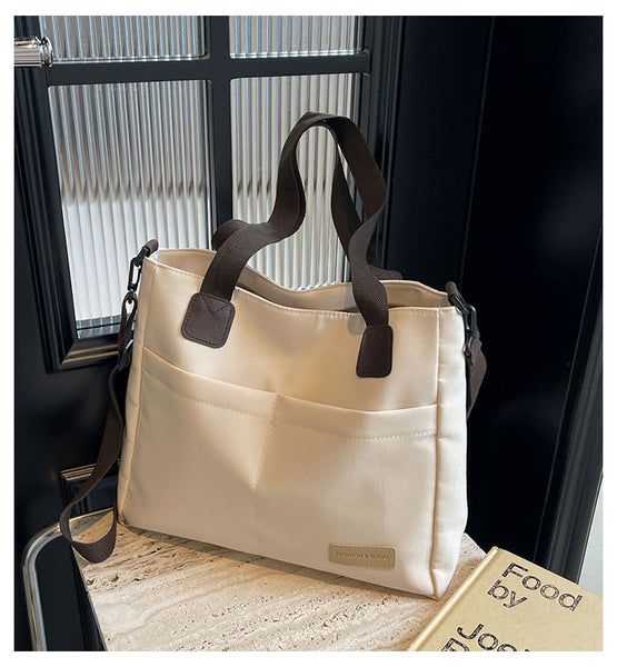 Canvas Tote Shoulder Bag Detachable Strap Multi Pocket White
