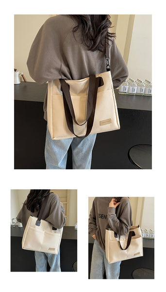 Canvas Tote Shoulder Bag Detachable Strap Multi Pocket White