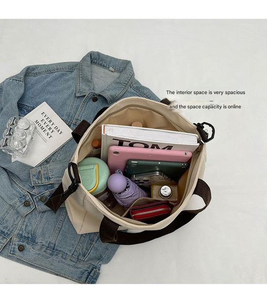 Canvas Tote Shoulder Bag Detachable Strap Multi Pocket White