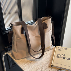 Canvas Tote Shoulder Bag Detachable Strap Multi Pocket Khaki