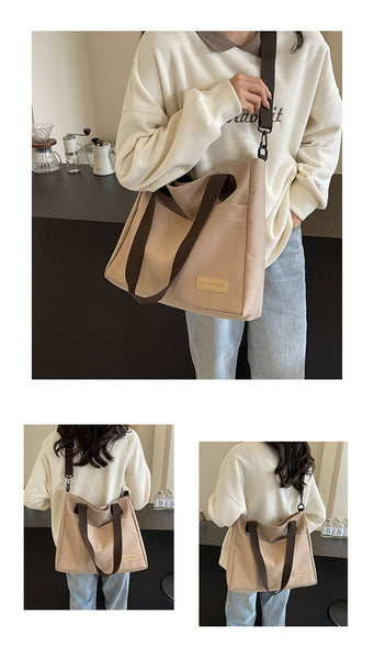 Canvas Tote Shoulder Bag Detachable Strap Multi Pocket Khaki