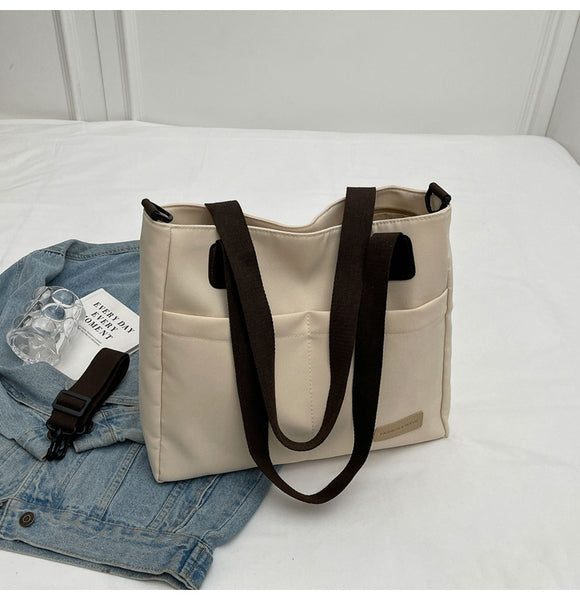 Canvas Tote Shoulder Bag Detachable Strap Multi Pocket Khaki