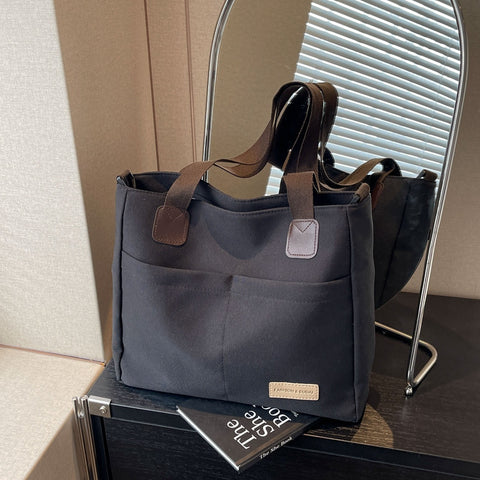 Canvas Tote Shoulder Bag Detachable Strap Multi Pocket Black