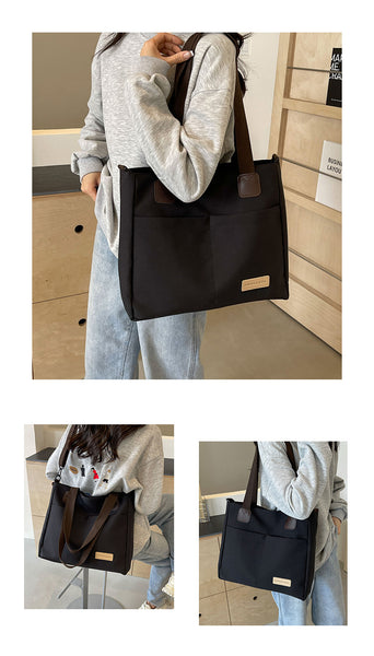 Canvas Tote Shoulder Bag Detachable Strap Multi Pocket Black