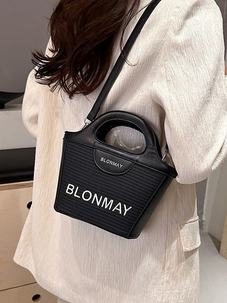 Woven Texture Faux PU Leather Bucket Crossbody Shoulder Bag Handbag Black