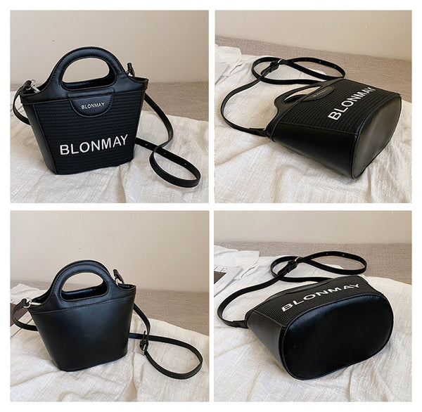 Woven Texture Faux PU Leather Bucket Crossbody Shoulder Bag Handbag Black
