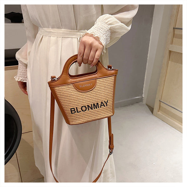 Woven Texture Faux PU Leather Bucket Crossbody Shoulder Bag Handbag Brown