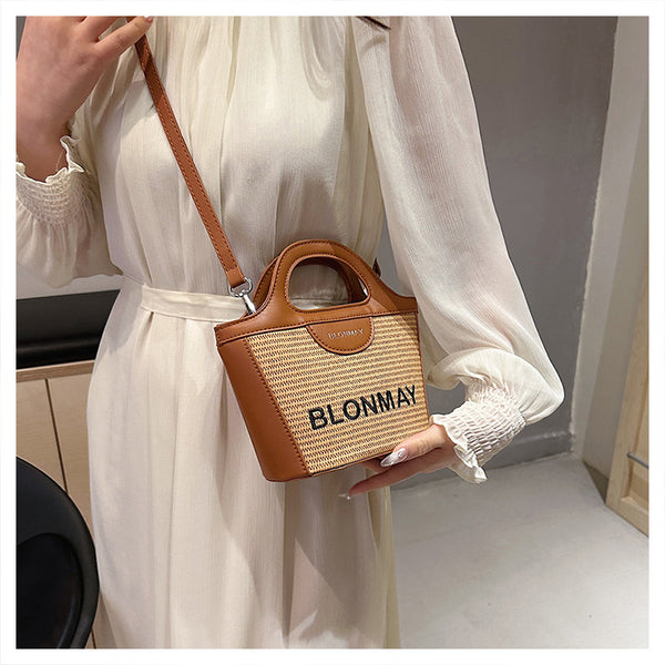 Woven Texture Faux PU Leather Bucket Crossbody Shoulder Bag Handbag Brown