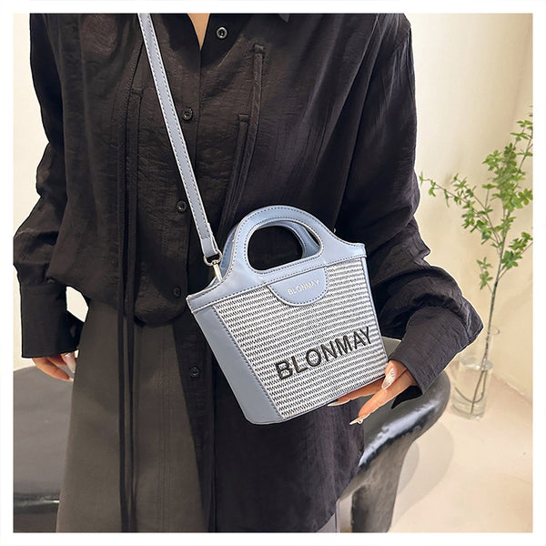 Woven Texture Faux PU Leather Bucket Crossbody Shoulder Bag Handbag Blue