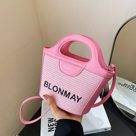 Woven Texture Faux PU Leather Bucket Crossbody Shoulder Bag Handbag Pink