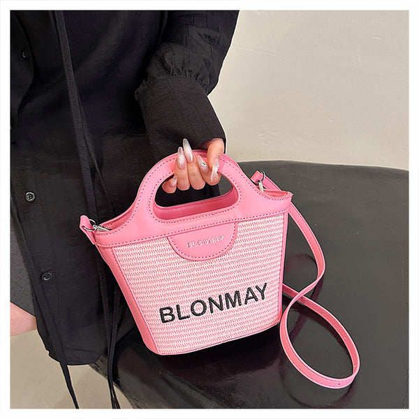 Woven Texture Faux PU Leather Bucket Crossbody Shoulder Bag Handbag Pink