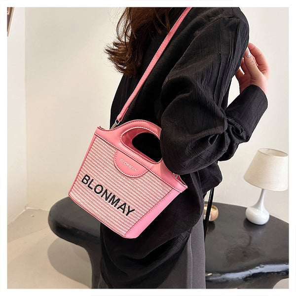 Woven Texture Faux PU Leather Bucket Crossbody Shoulder Bag Handbag Pink