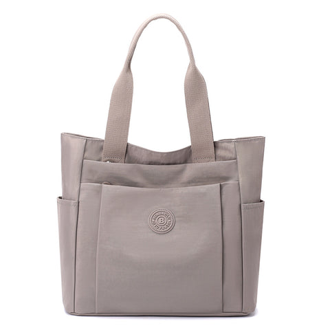 Nylon Lightweight Tote Shoulder Bag Multi Pocket Work Travel Milk Tea