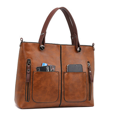 Faux PU Leather Tote Shoulder Bag Detachable Strap Multi Pocket Brown