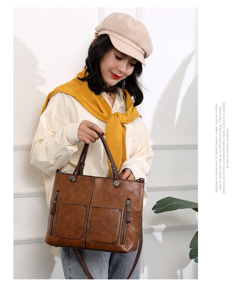Faux PU Leather Tote Shoulder Bag Detachable Strap Multi Pocket Brown