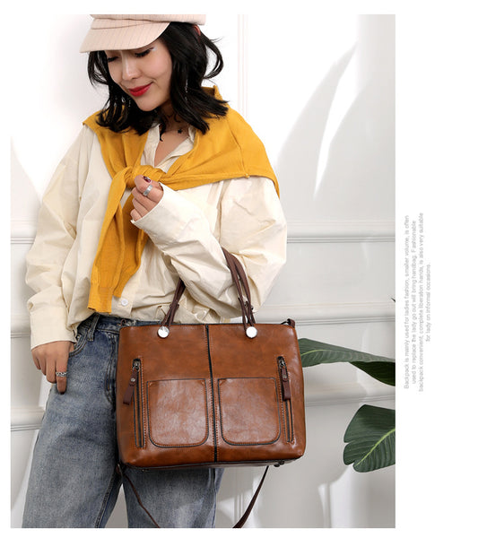Faux PU Leather Tote Shoulder Bag Detachable Strap Multi Pocket Brown