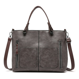 Faux PU Leather Tote Shoulder Bag Detachable Strap Multi Pocket Grey