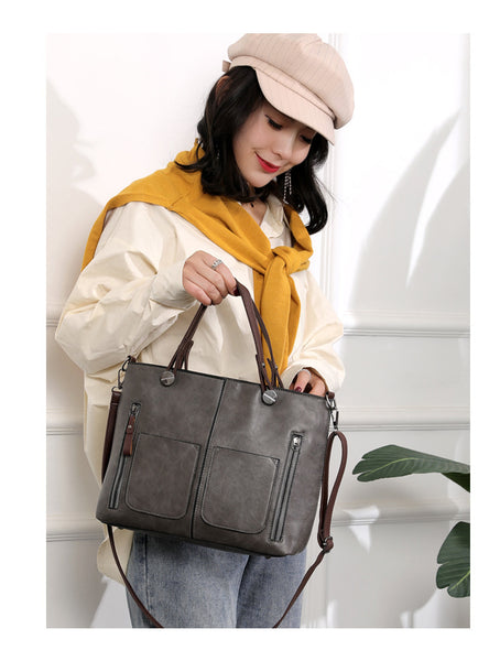 Faux PU Leather Tote Shoulder Bag Detachable Strap Multi Pocket Grey