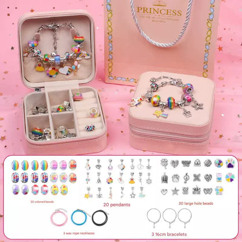 Kids DIY Beaded Charm Bracelet Jewellery Making Set Kit Gift Box Rainbow