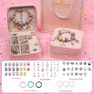 Kids DIY Beaded Charm Bracelet Jewellery Making Set Kit Gift Box Display Stand Pink