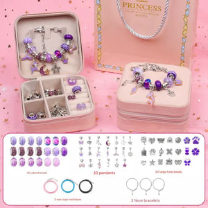 Kids DIY Beaded Charm Bracelet Jewellery Making Set Kit Gift Box Display Stand Purple