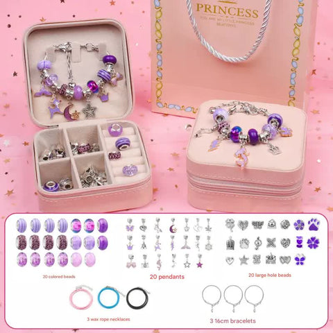 Kids DIY Beaded Charm Bracelet Jewellery Making Set Kit Gift Box Display Stand Purple