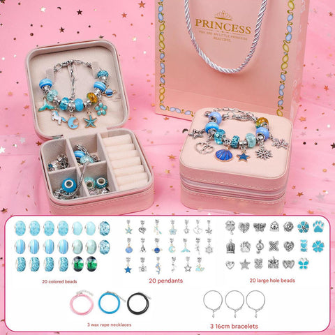 Kids DIY Beaded Charm Bracelet Jewellery Making Set Kit Gift Box Display Stand Blue