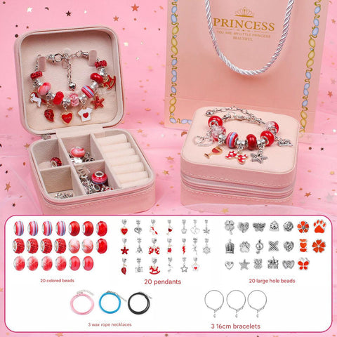 Kids DIY Beaded Charm Bracelet Jewellery Making Set Kit Gift Box Display Stand Red