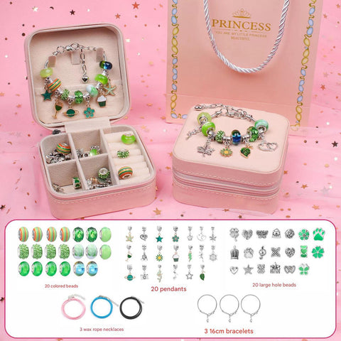 Kids DIY Beaded Charm Bracelet Jewellery Making Set Kit Gift Box Display Stand Green