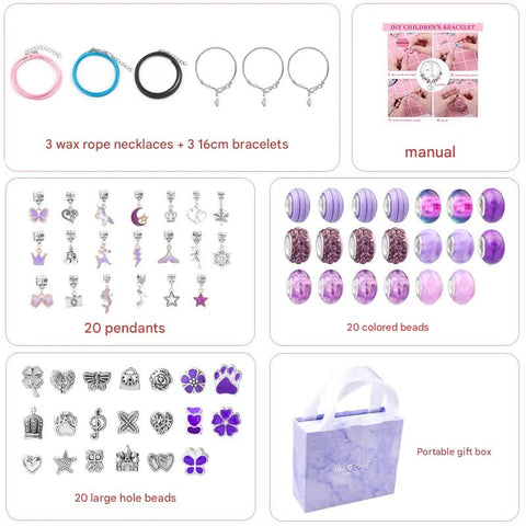 Unicorn DIY Bracelet Kit Crystal Beads Charms Jewellery Gift Box Purple